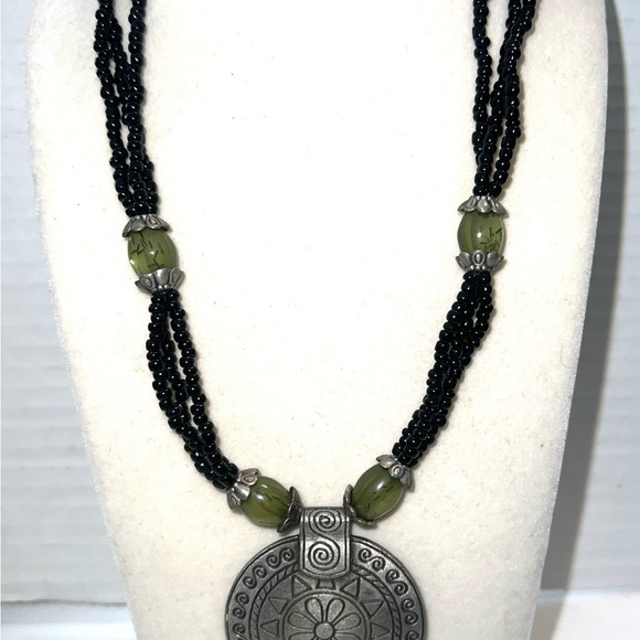 Boho Tribal Pendant Necklace Black Beaded Chain Statement Chunky Chunky - Picture 2 of 2